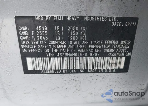 2017 Subaru Legacy 2.5I Limited z USA, uszkodzony, nr VIN 4S3BNAN64H3059897